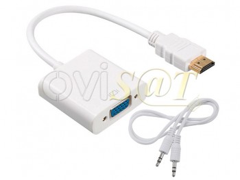 Adaptador HDMI a VGA hembra blanco, con entrada y cable de audio jack 3,5mm