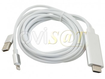 Cable adaptador con conectores lightning, USB y HDMI para dispositivos iPhone y iPad.
