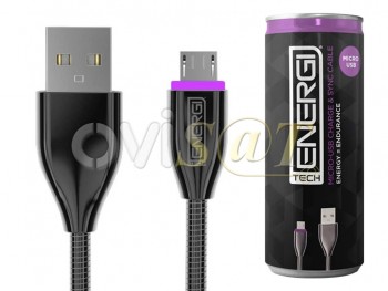 Cable de datos Energi Tech negro de 1.2 metros con conector Micro USB en blister de bebida energética color violeta