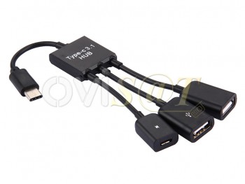HUB / Concentrador cable de datos con 2 puertos USB y un puerto micro USB a conector USB Tipo C OTG, para Macbook 12 / Chromebook.
