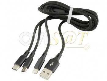 Cable de carga 3 en 1 con conectores Lightning, Micro USB y USB Tipo C, color negro.