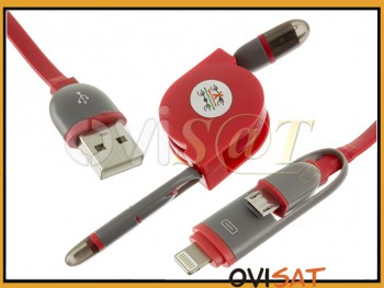 Cable de datos enrollado, en color rojo, con salida lightning y micro USB.