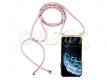 funda lanyard tpu transparente con correa rosa para iPhone 11 pro, a2215, a2160, a2217