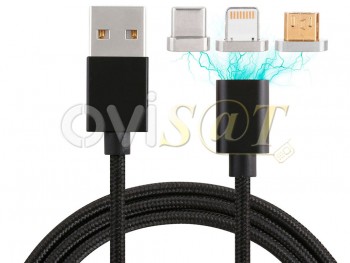 Cable de datos negro 3 en 1 de USB a conector magnético intercambiable USB tipo C / Micro USB / lightning